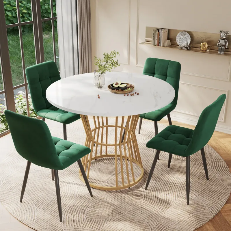 100cm Round Marble-Effect Dining Table and 4 Green Velvet Chairs - 5-Piece Set
