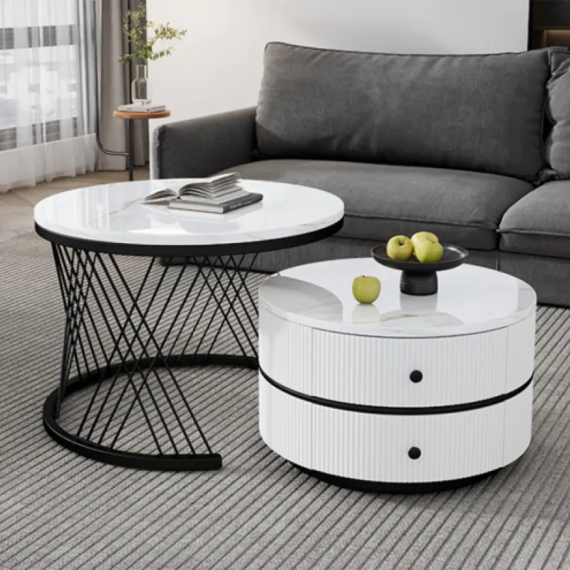 Round Nesting Coffee Table Set with 2 Storage Drawers, White & Black