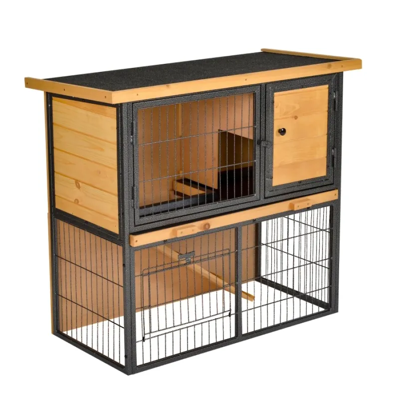 Wood and Metal Outdoor Rabbit Hutch with Run, 90cm - Light Yellow