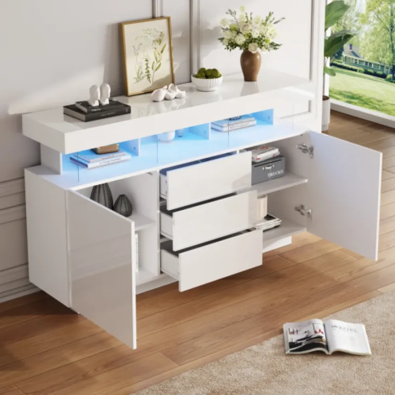 White High Gloss 140cm Sideboard with LED Lights, 3 Drawers and 2 Doors
