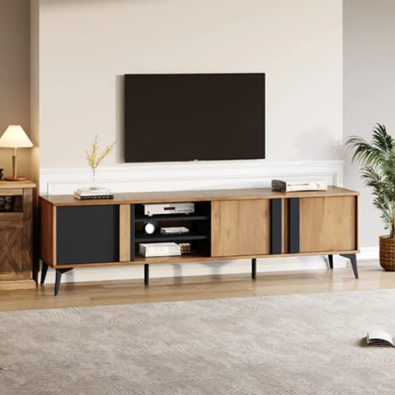 180cm Industrial TV Stand for TVs up to 80 Inch, Media Cabinet with 3 Doors and Open Shelves, Rustic Brown and Black