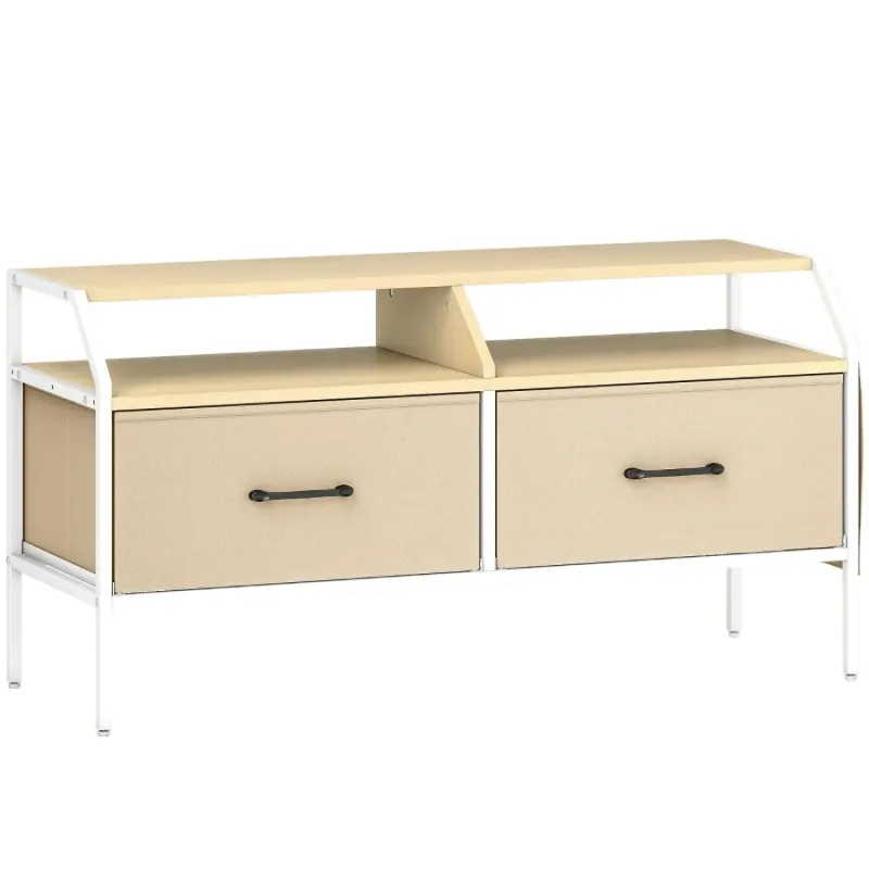 Industrial TV Stand for 55 Inch TVs, Media Unit with 2 Drawers and 5 Side Pockets - Natural Wood Finish