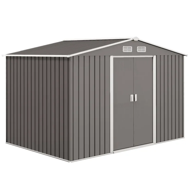  9 x 6ft Metal Garden Shed with Foundation, Sloped Roof and Double Doors - Grey
