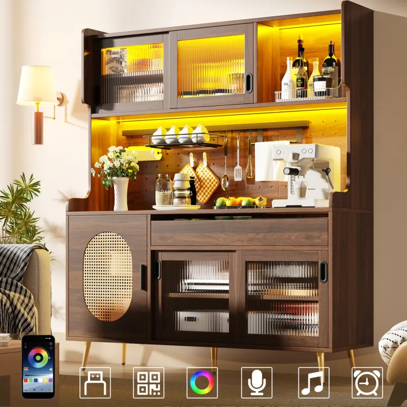 Large Kitchen Larder Cupboard with Fluted Glass Doors and LED Lighting, Brown & Black