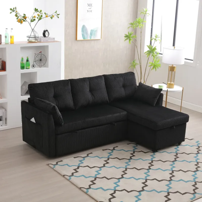 3-Seater Corduroy L-Shape Sofa Bed with Reversible Storage Chaise - Black