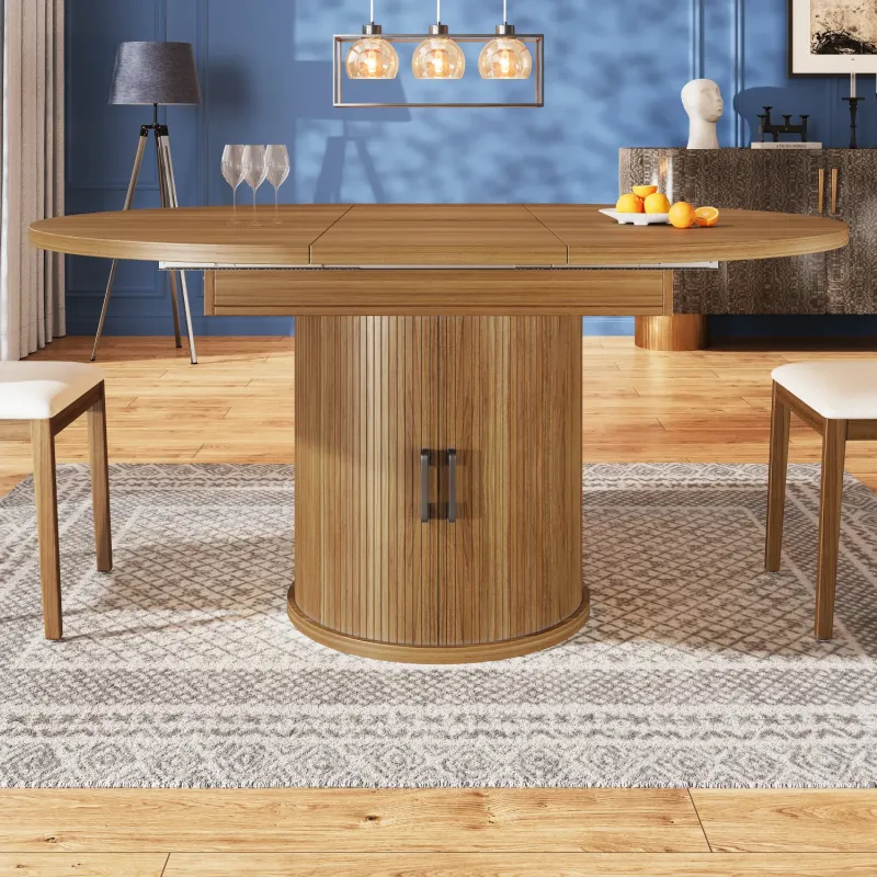 Walnut Extendable Round to Oval Dining Table with Base Storage, 118cm–158cm