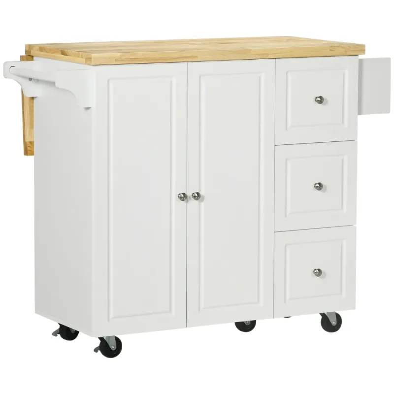  White Kitchen Island Trolley with Drop-Leaf Breakfast Bar & Storage