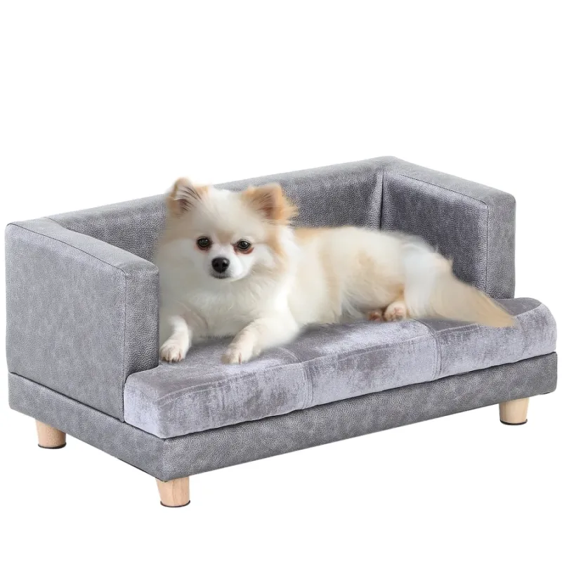 Pet Sofa Bed with PU Leather Frame and Plush Cushion - Grey