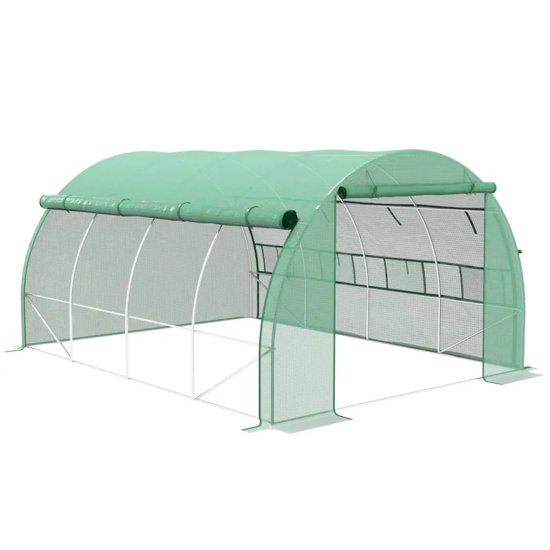 4x3m Polytunnel Greenhouse with Roll-up Sidewalls and 8 Windows - Green