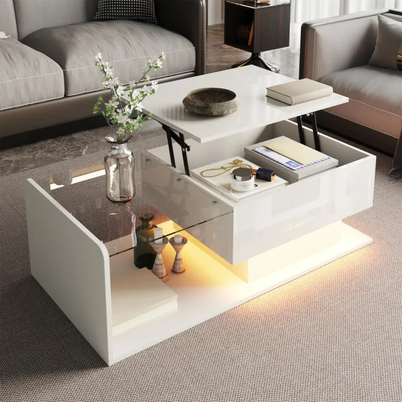 White High-Gloss Lift-Top Coffee Table with LED Lighting and Tempered Glass Top