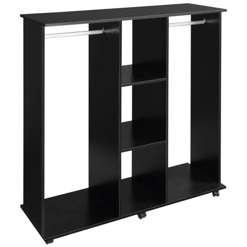 Double Open Wardrobe with 2 Hanging Rails and 6 Wheels - Black