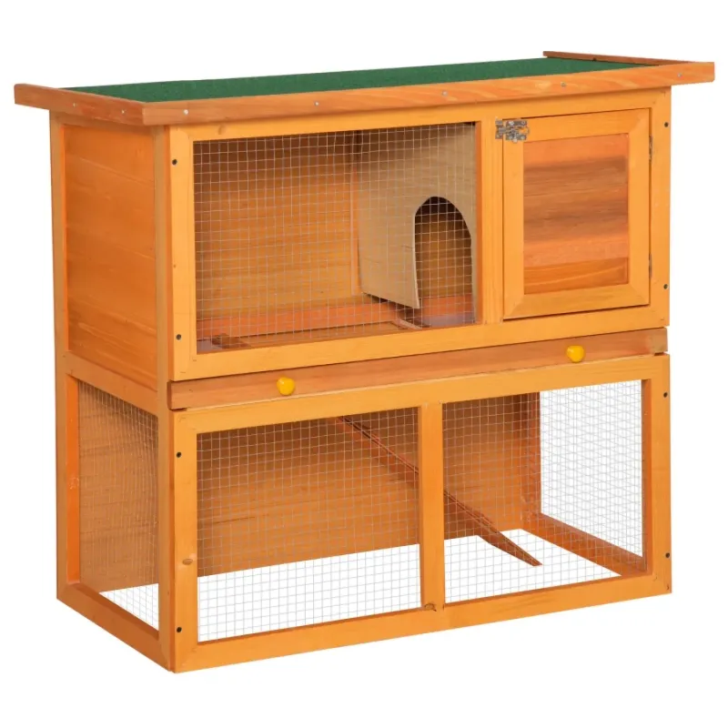 2-Tier Outdoor Wooden Rabbit and Guinea Pig Hutch with Run, 90cm