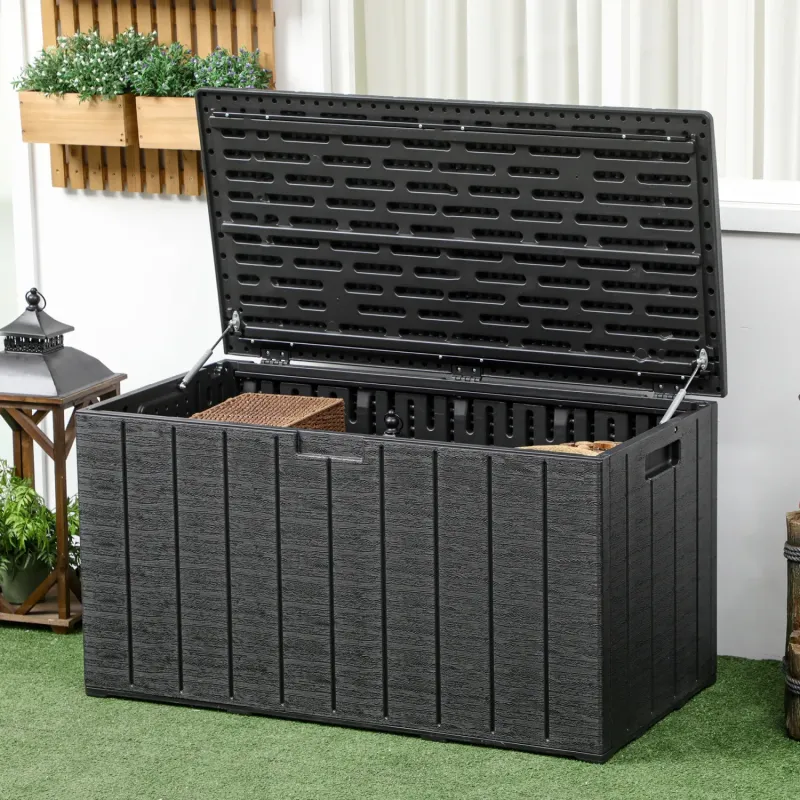  366L Heavy Duty Double Wall Garden Storage Box with Wheels - Black