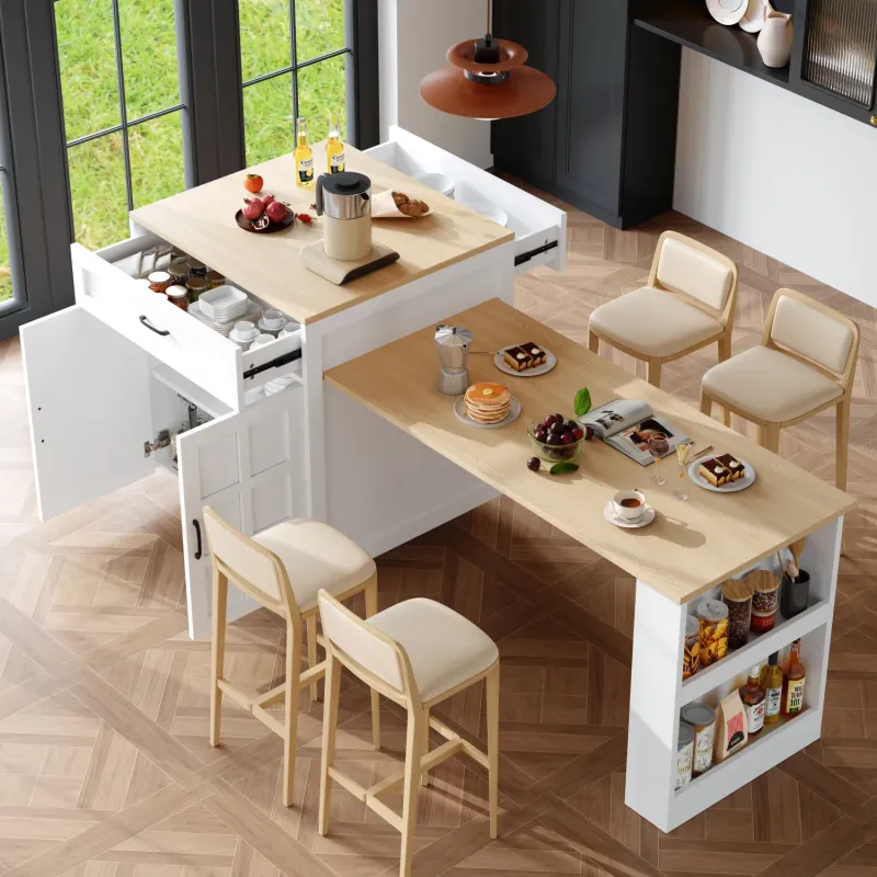 Extendable Kitchen Island Bar Table with Storage & Drawers, White (133-202cm)
