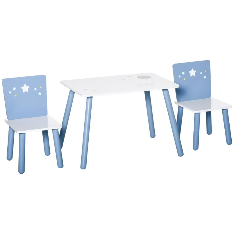 3-Piece Kids Table and Chairs Set with Pine Wood Legs - Blue Star Design