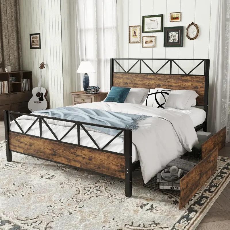 Metal Double Bed Frame with 2 Storage Drawers - Black and Oak Effect