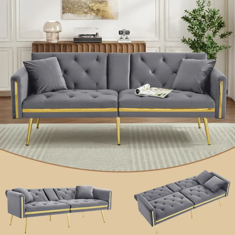 Velvet 2-Seater Sofa Bed with Adjustable Backrest and Cup Holders