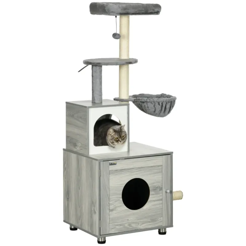 Enclosed Cat Litter Box Cat Tree with Scratching Posts - Grey