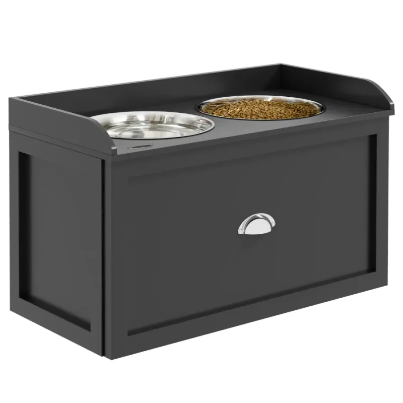 Raised Dog Feeding Station with 21L Storage Drawer and 2 Stainless Steel Bowls - Black