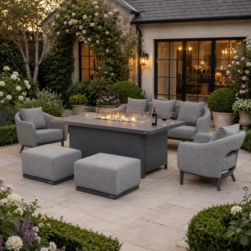 Velora 5 Seater Aluminium Outdoor Lounge Set with Talara Fire Pit Table & Varel Ottomans