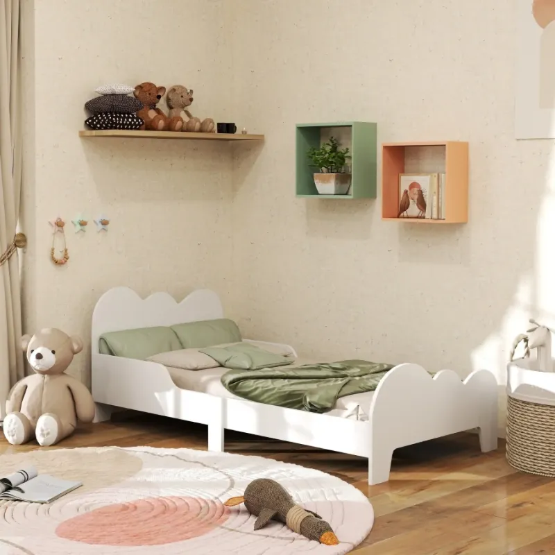 Cloud-Themed White Toddler Bed Frame with Safety Rails
