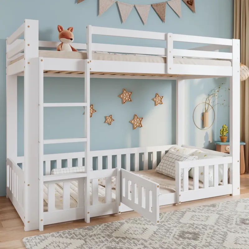 3ft White Solid Pine Bunk Bed with Lower Play Area and Safety Fences