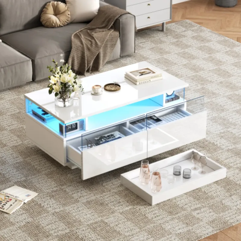 Rectangular Coffee Table, High Gloss in White, with LED Lights and Removable Tray