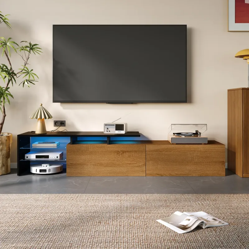 170cm Modern TV Unit with 16-Colour LED Lighting - Black and Wood Effect