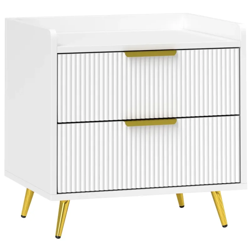Textured 2-Drawer Bedside Table with Gold-Tone Handles - White