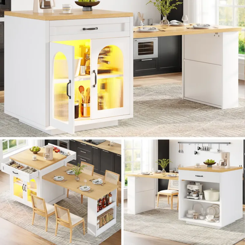Extendable Kitchen Island with LED Lighting, Fluted Glass Doors and 2 Drawers