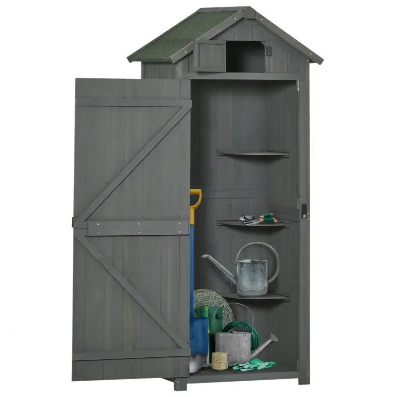 Fir Wood Garden Shed, 77 x 54cm, in Grey, with Shelves and Lockable Doors