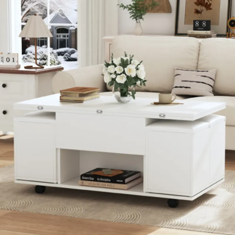100cm Square White Lift Top Coffee Table with 4 Stools and Hidden Storage