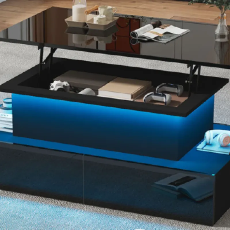 Black High Gloss LED Coffee Table with 4 Push-to-Open Drawers and Lift-Up Top