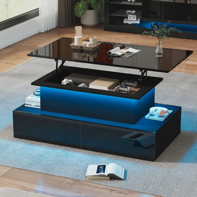 Rectangular Coffee Table, High Gloss Black with LED Lighting and Lift-Top Storage