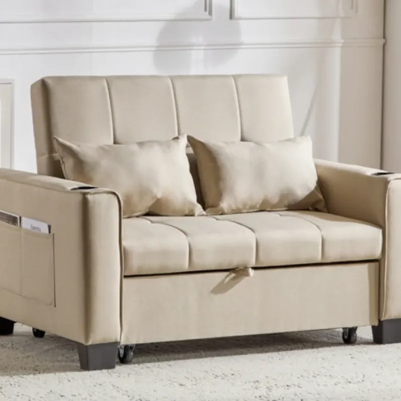 2-Seater Fabric Pull-Out Sofa Bed with Cup Holders and Storage Pockets - Beige