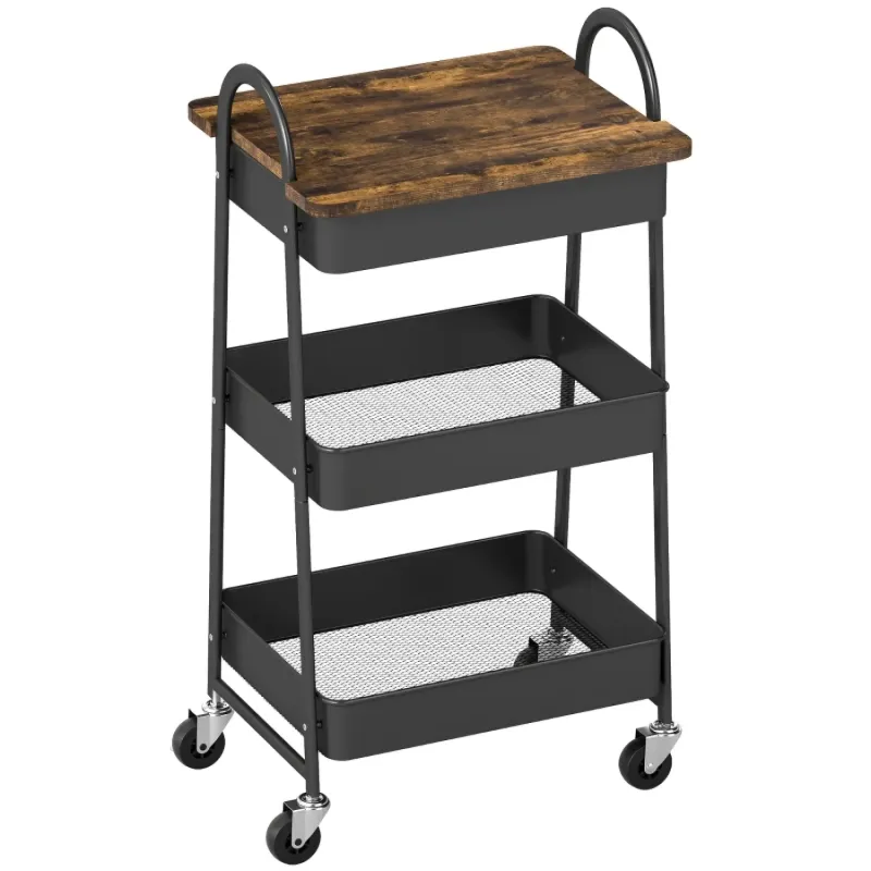  3-Tier Kitchen Storage Trolley with Wooden Top and Mesh Baskets - Rustic Brown and Black