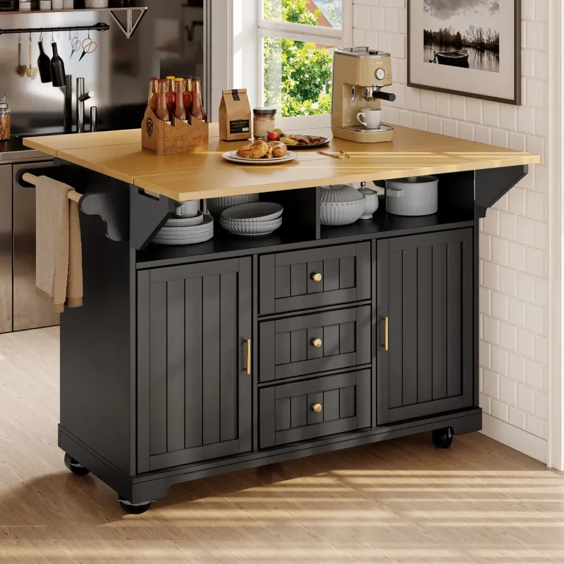 Kitchen Island with Extendable Tabletop and Storage - White