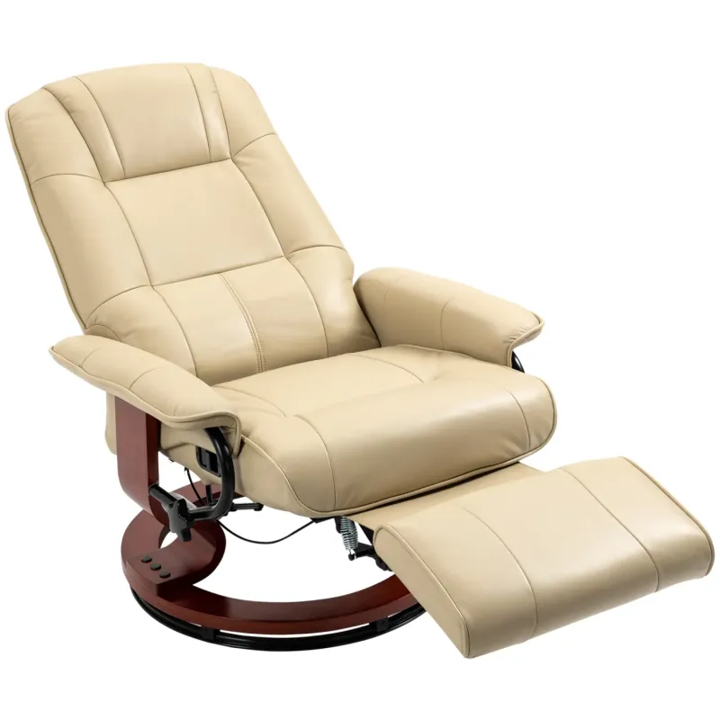 Cream Faux Leather Swivel Recliner Armchair with Integrated Footrest