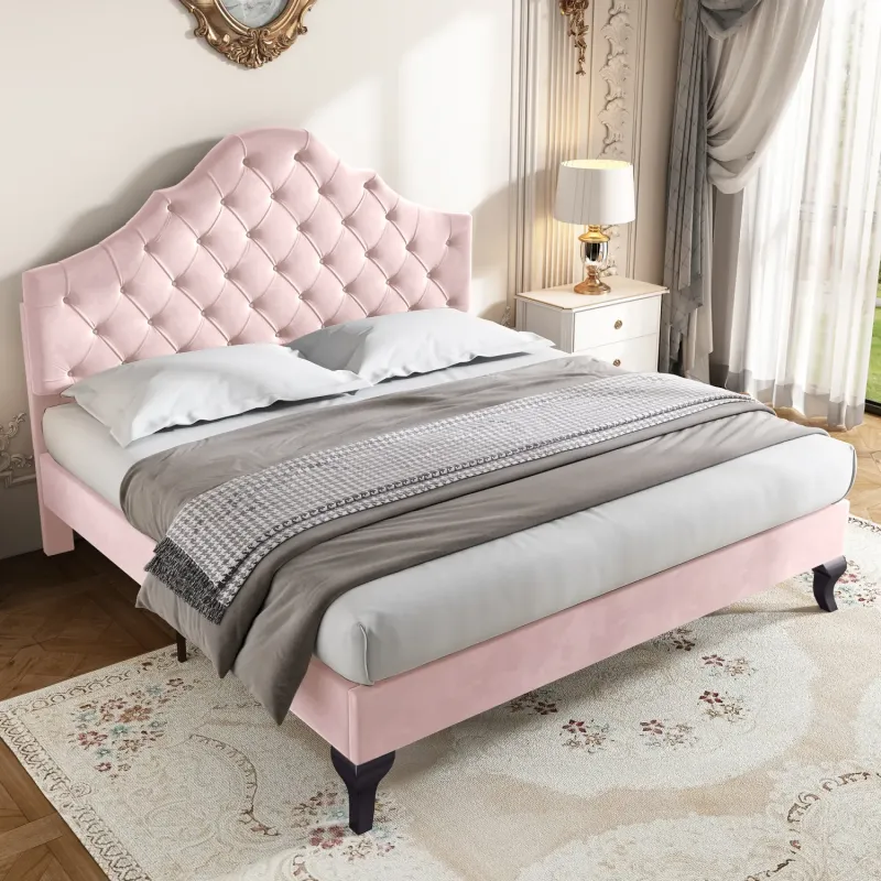 Pink Velvet 4ft6 Double Bed Frame with Adjustable Headboard