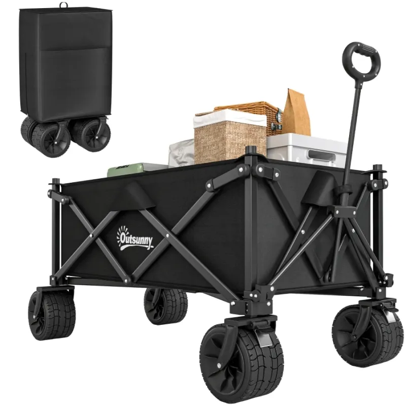 Heavy Duty Folding Garden Trolley - 120kg Capacity Foldable Outdoor Wagon - Black