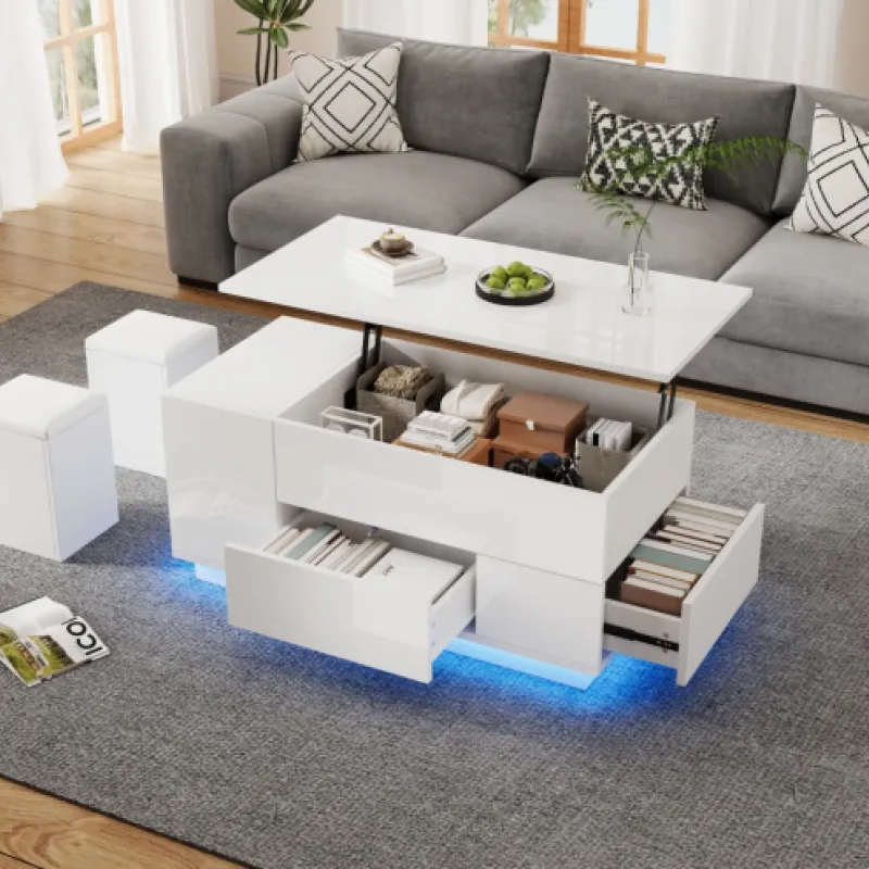 Rectangular Lift-Top Coffee Table, High-Gloss White, with LED Lights, 2 Drawers and 2 Storage Stools