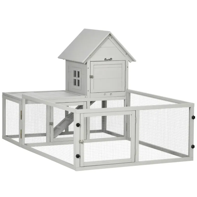 Indoor Fir Wood Rabbit Hutch with Run & Slide-Out Tray - Light Grey