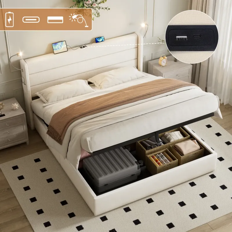 King Size Linen Ottoman Storage Bed with Charging Station & Reading Lights - Beige