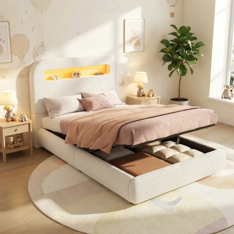Bouclé Upholstered Single Ottoman Bed with LED Lighting, White