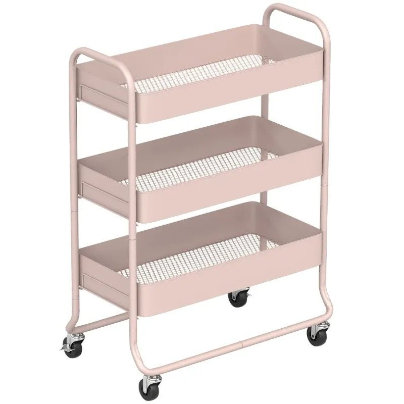  3-Tier Metal Rolling Storage Trolley with Mesh Baskets - Light Pink