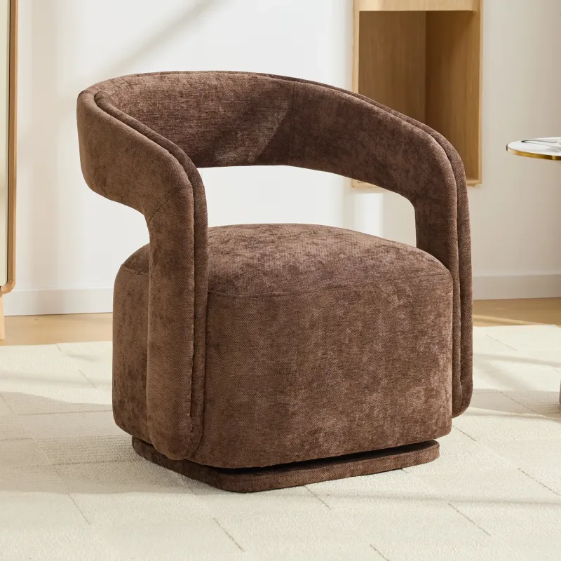 Chenille Fabric Armchair, in Brown, with 360° Swivel Base