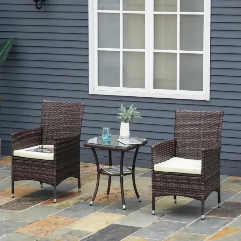 3-Piece Rattan Garden Bistro Set with Deep-Seat Cushions - Brown