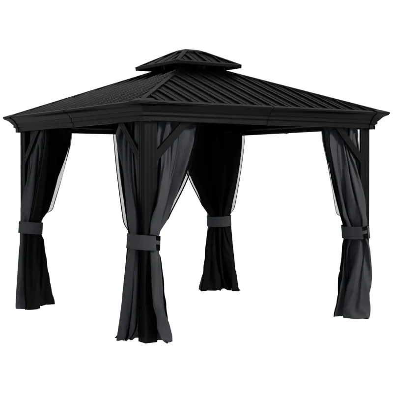  3.65m x 3m Aluminium Hardtop Gazebo with Galvanised Steel Roof & Curtains - Dark Grey