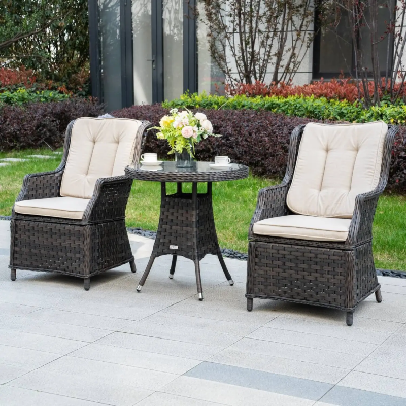 3-Piece Rattan Bistro Set with Round Glass-Top Table - Brown