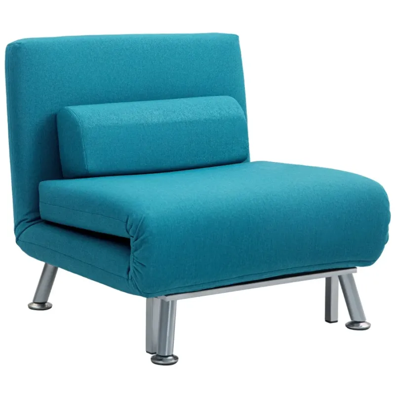 Linen-Feel Sofa Bed, Single, in Dark Blue, with 5-Position Reclining Back